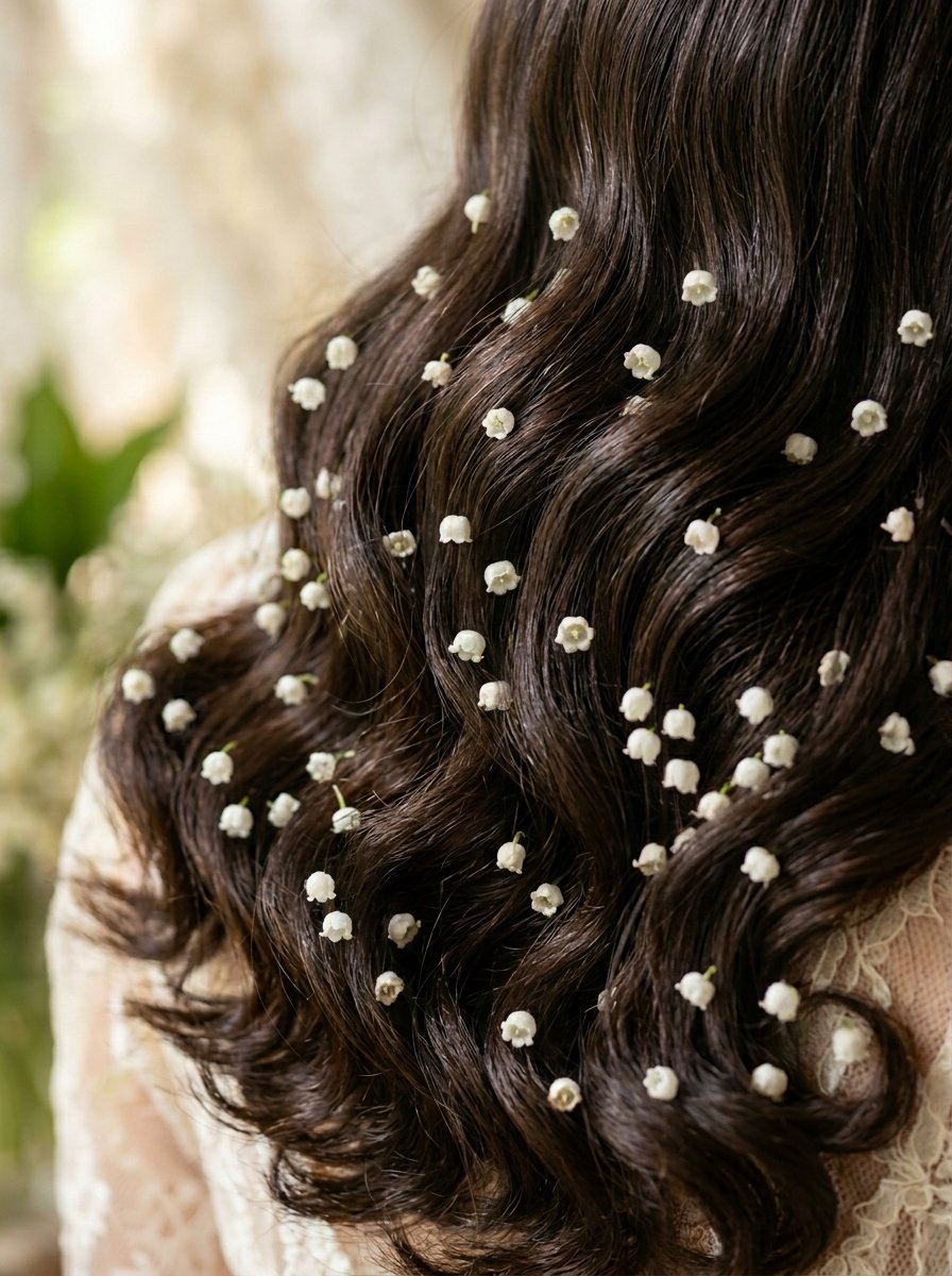 Close up of long dark wavy hair decorated with scattered tiny bell-shaped lily of the valley blossoms.