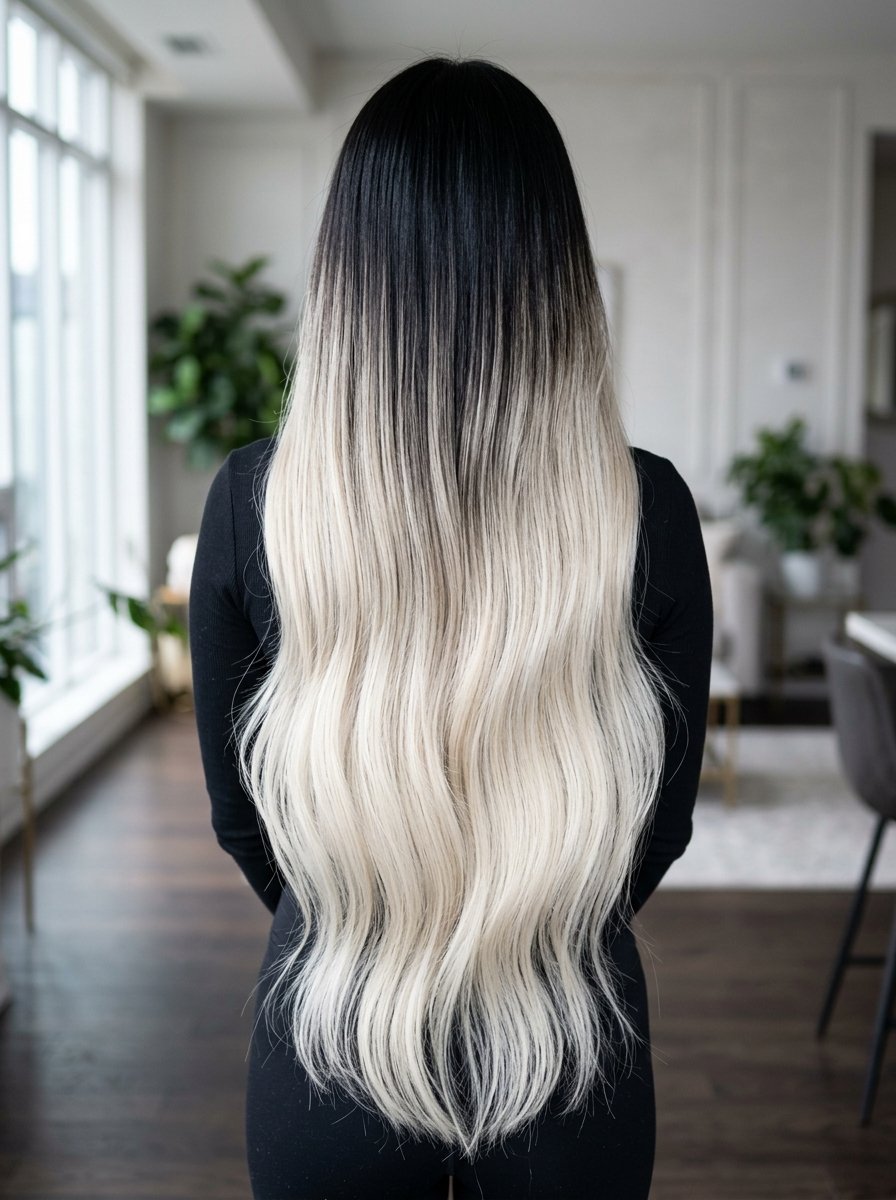 Back view of a person with very long, straight hair transitioning from dark roots to platinum blonde ends.