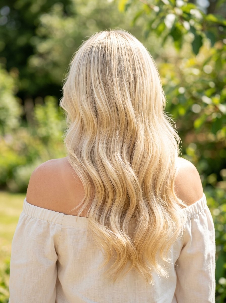 A woman facing away from the camera, showcasing her wavy blonde hair and a cream off-the-shoulder linen top.