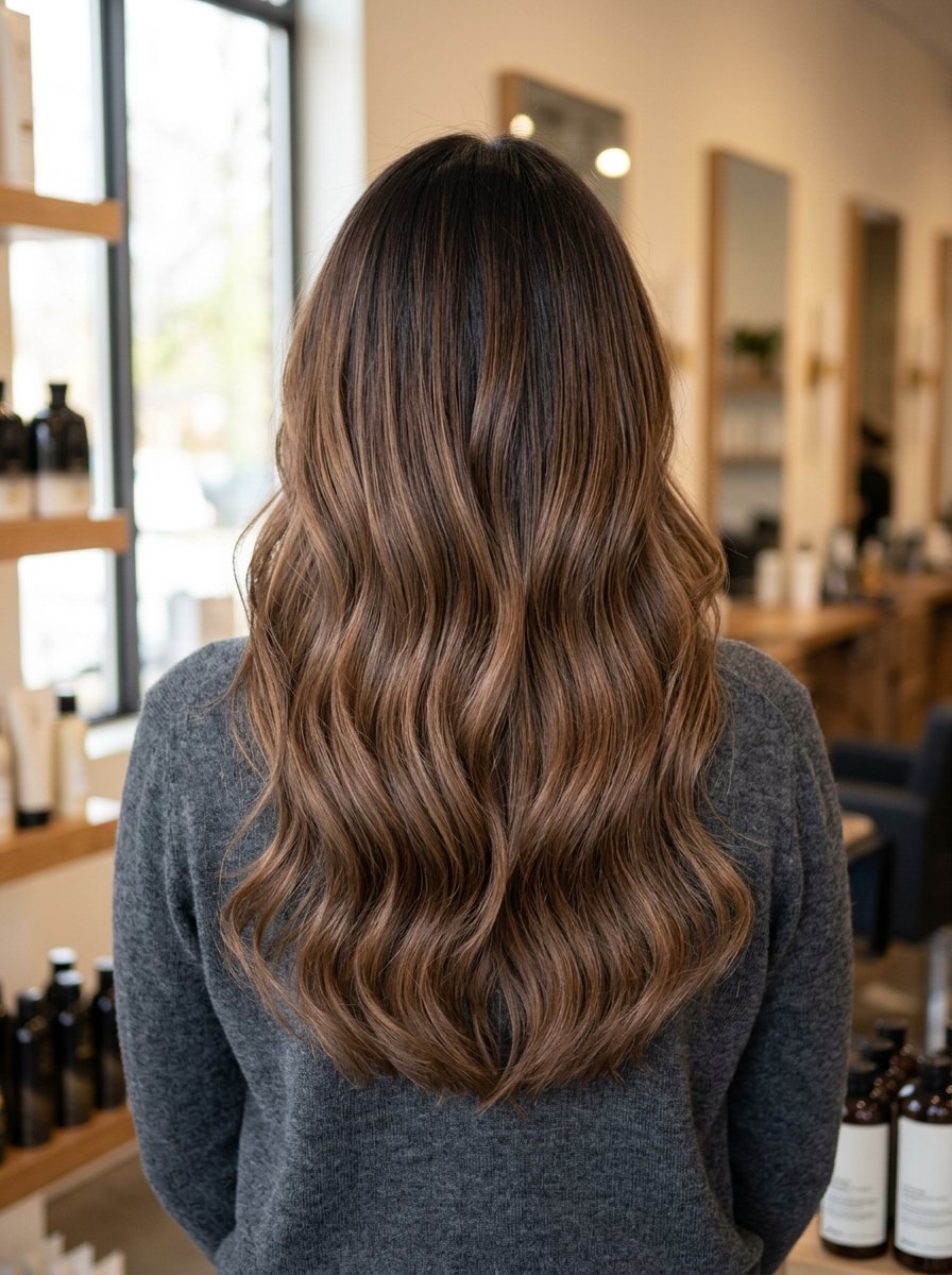 Back view of a person with long flowing brown wavy hair wearing a grey sweater in a professional hair salon.