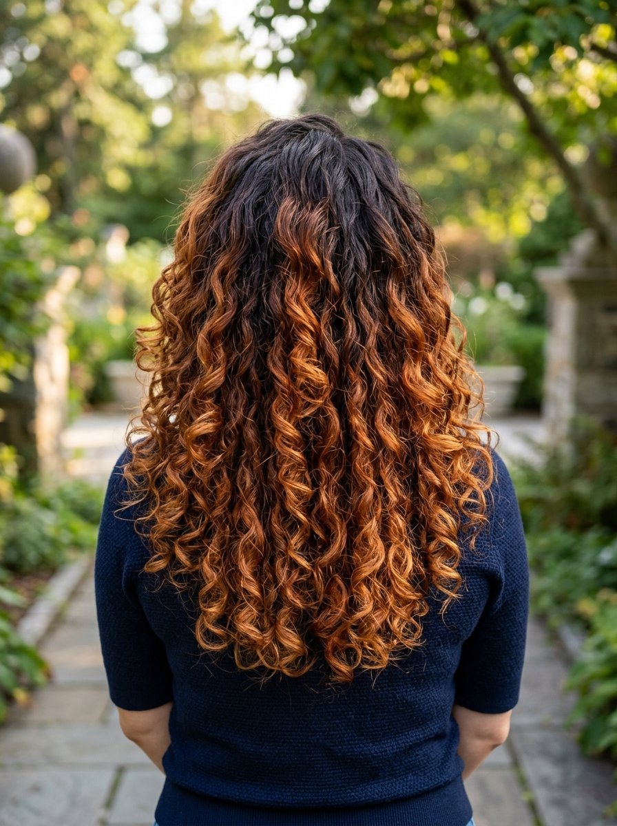 Back view of a person with dark roots transitioning into golden brown spiral curls outdoors.