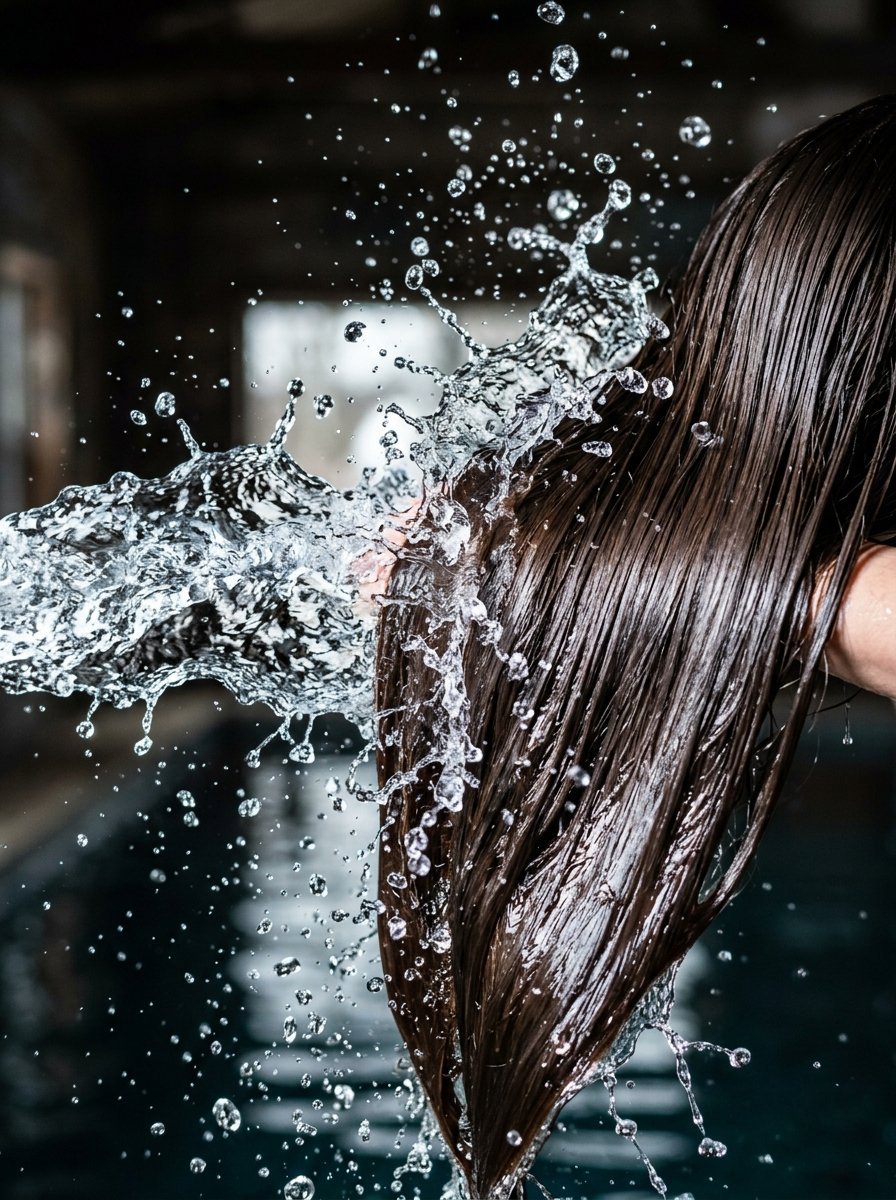 Wet brown hair being splashed by a burst of water droplets in a pool setting