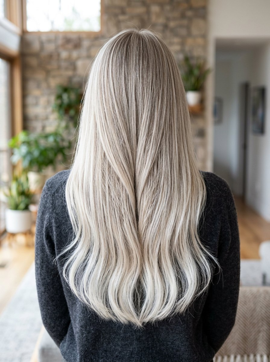 A person seen from behind with very long smooth platinum blonde hair styled with subtle waves at the ends.