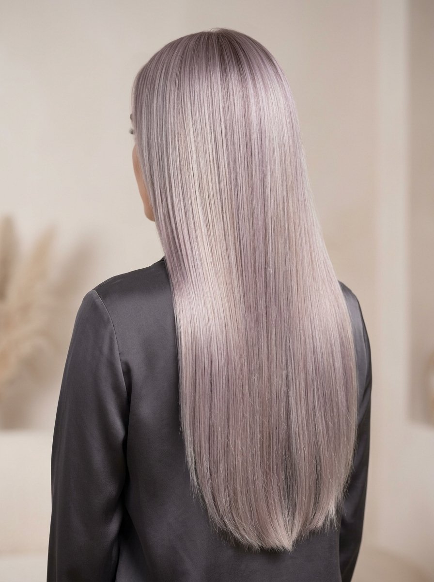 Back view of a woman with long, shiny, straight hair in a soft lavender-blonde shade wearing a dark silk top.