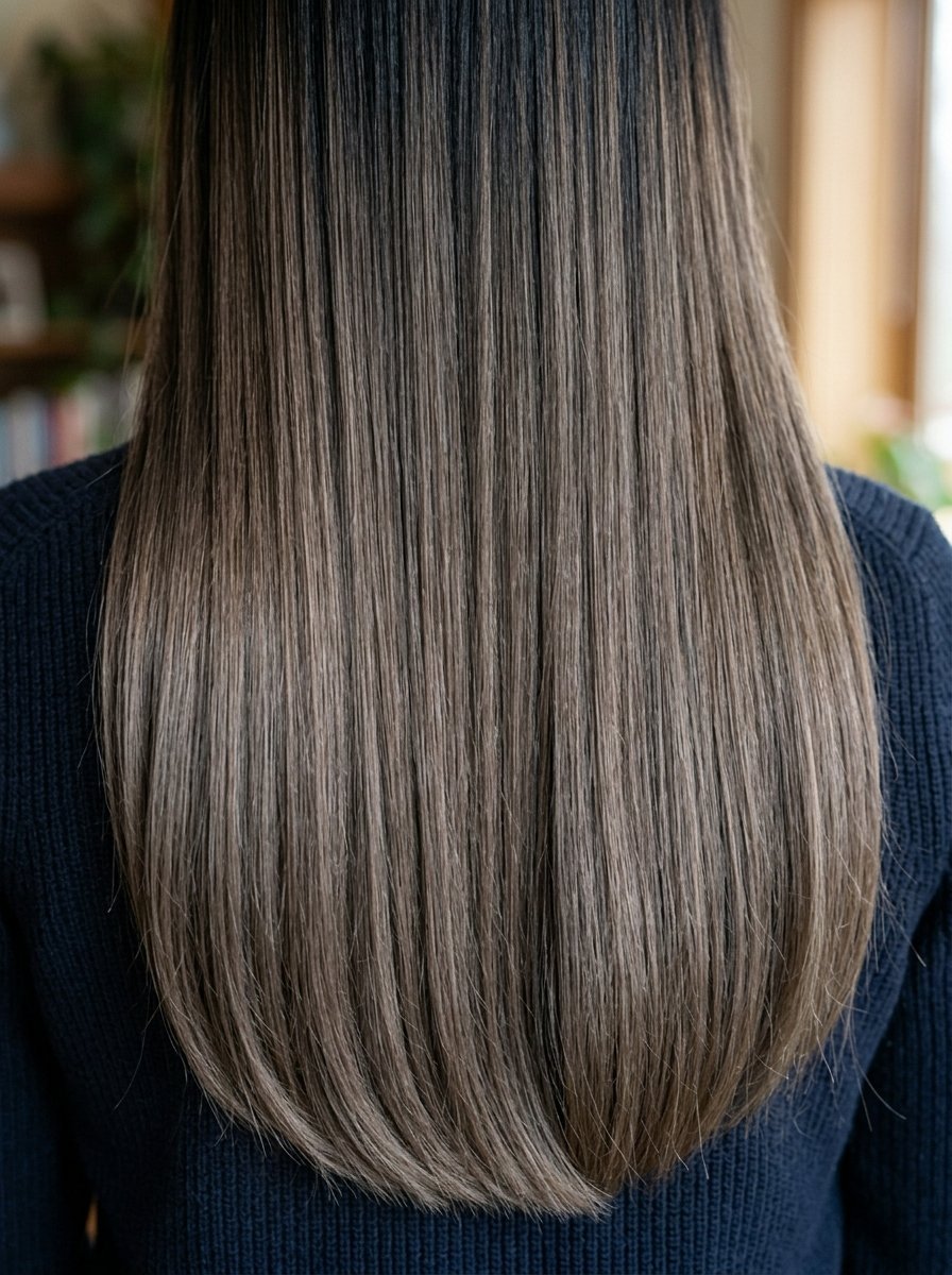Close up of a person's long, straight hair with subtle ash brown highlights, viewed from the back.