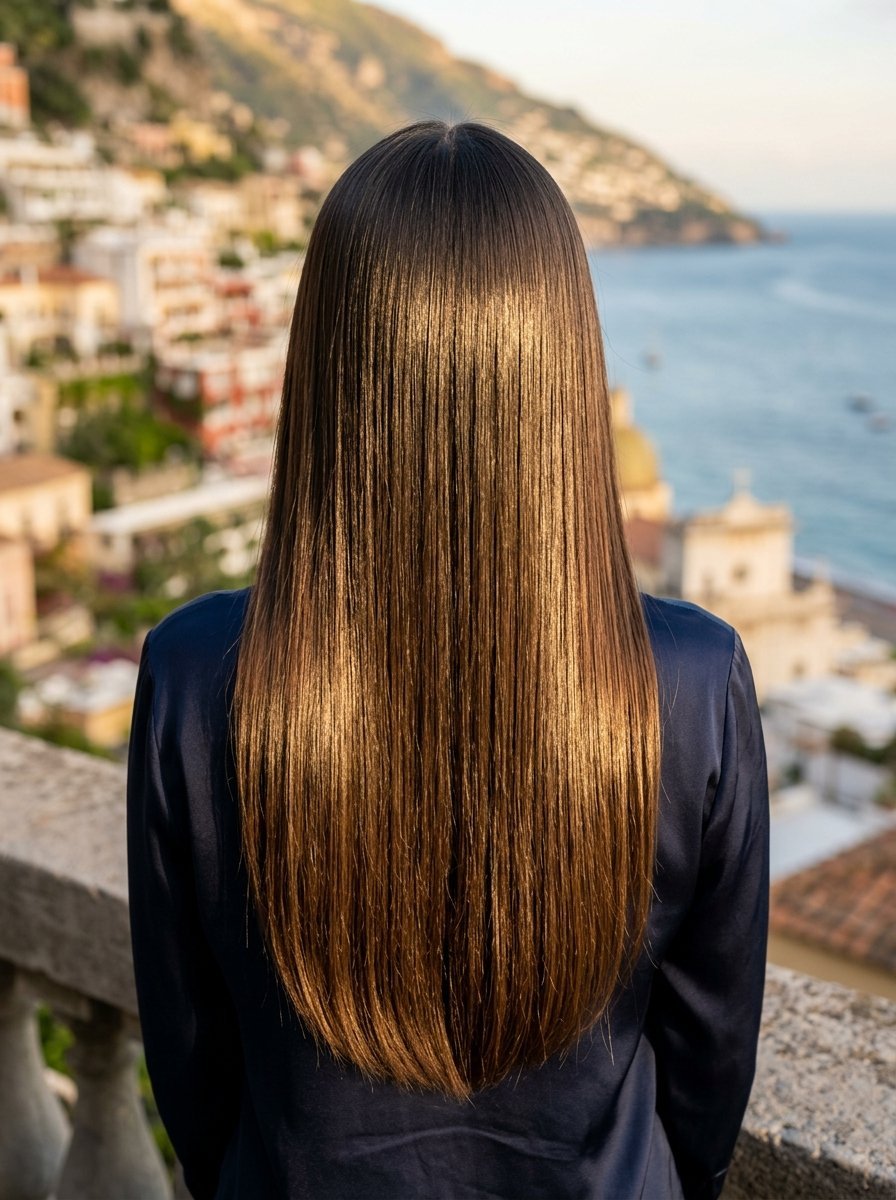 Back view of a woman with very long, straight, shiny brown hair against a blurry Mediterranean seaside town background.