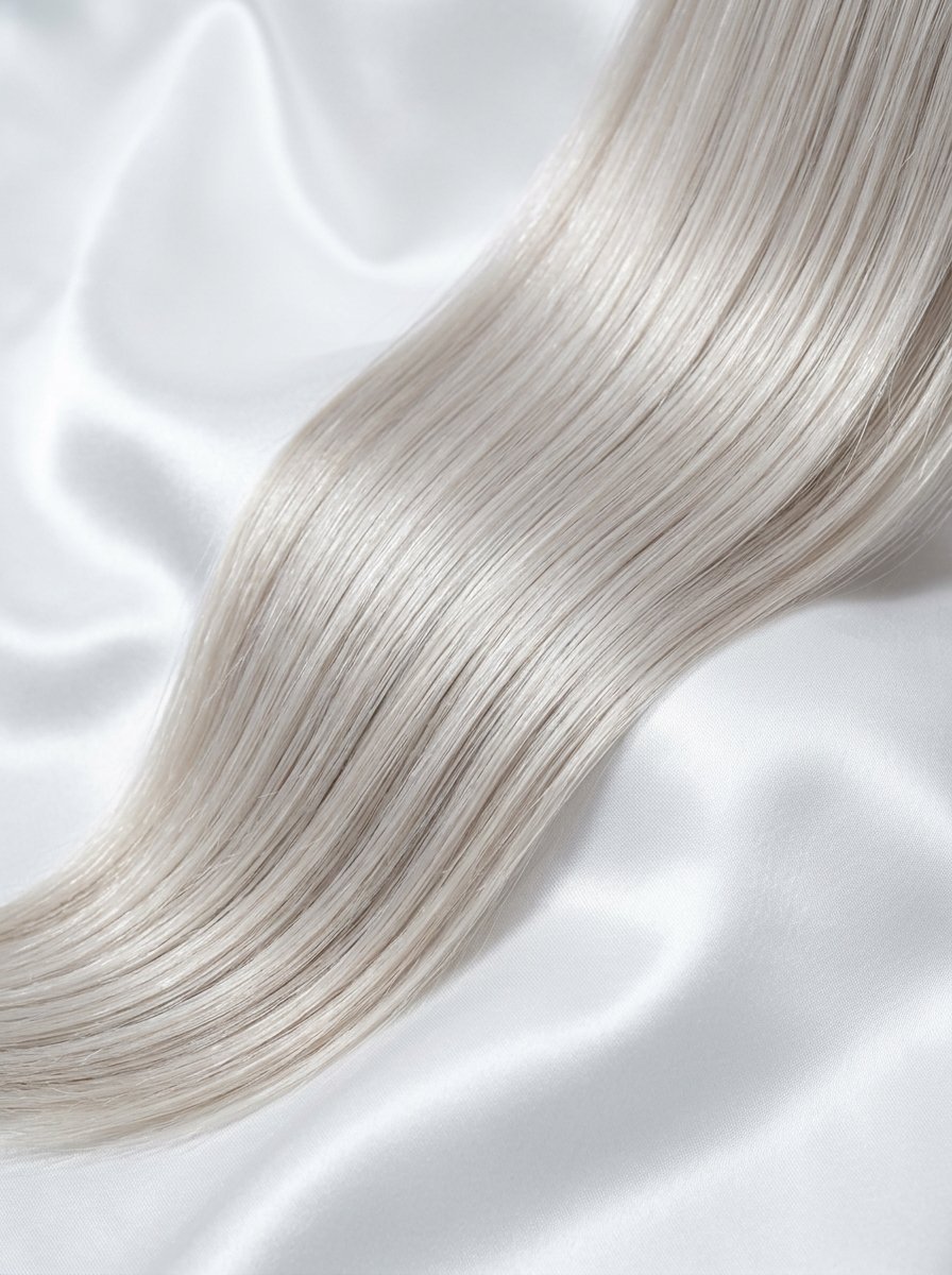 Close-up of a sleek section of icy blonde hair resting on a draped white satin background.