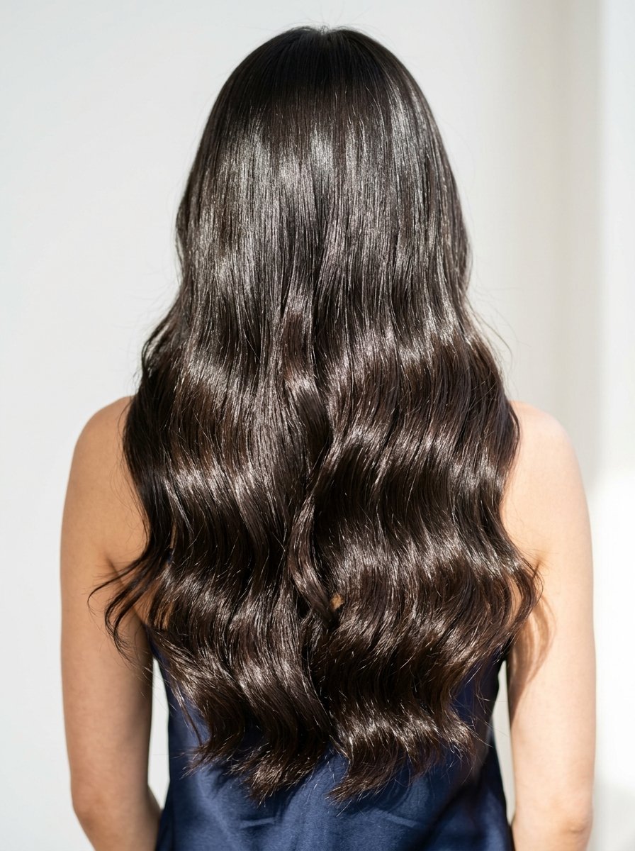 Back view of a woman with long, glossy, dark brown hair styled in soft waves.