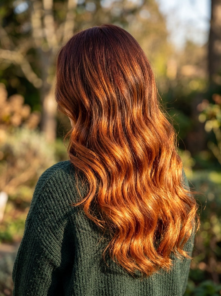 A person viewed from behind with vibrant auburn hair styled in soft waves while wearing a dark green sweater.