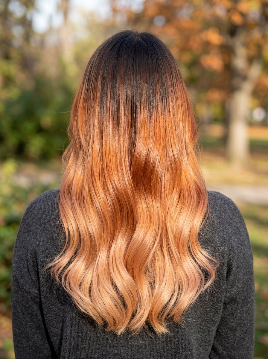 Back view of a person with long, wavy hair featuring a dark root color fading into a warm copper ombré hairstyle.