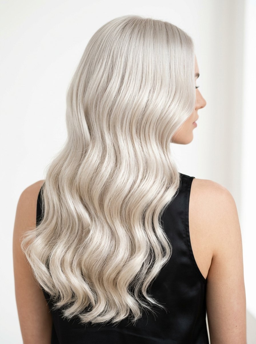 Back view of a woman with long, shiny, light blonde wavy hair wearing a black sleeveless shirt.