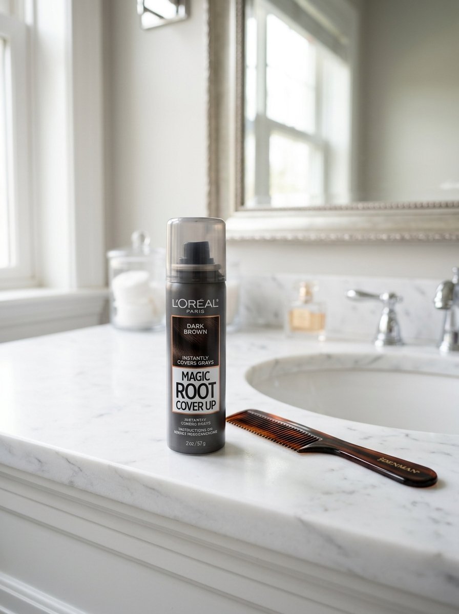 Dark brown hair root concealer spray bottle beside a brown hair comb on a marble bathroom sink counter.