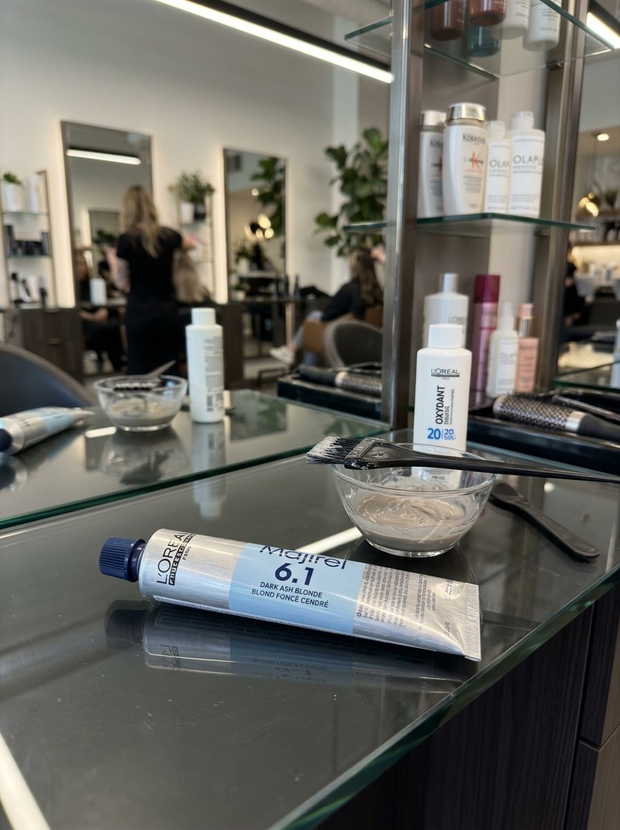 A tube of L'Oreal Majirel 6.1 hair color rests on a glass salon counter next to a bowl of mixed dye.