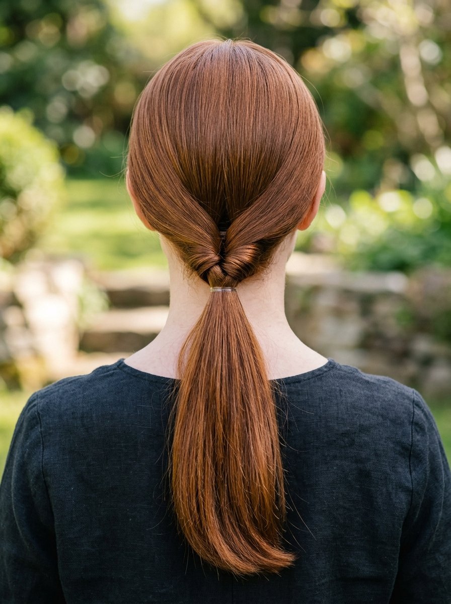 Back view of a woman with sleek copper hair styled into a low, elegant ponytail with a small twist.