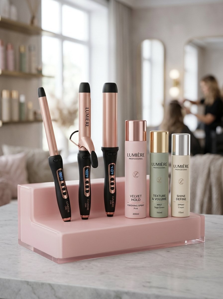 Three rose gold curling irons and three Lumiere styling products sitting on a pink display stand in a salon.