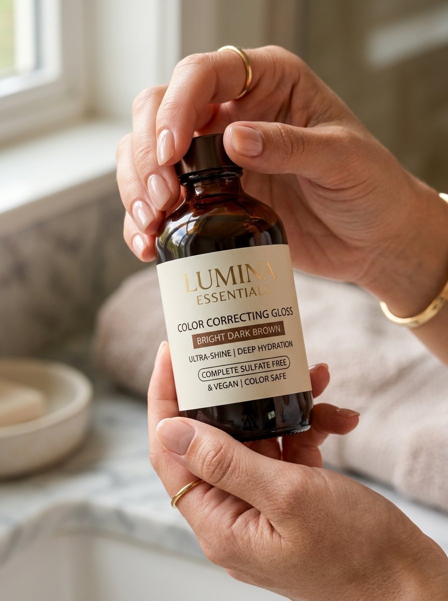 Close-up of hands holding a bottle of dark brown color correcting hair gloss in a bathroom setting.
