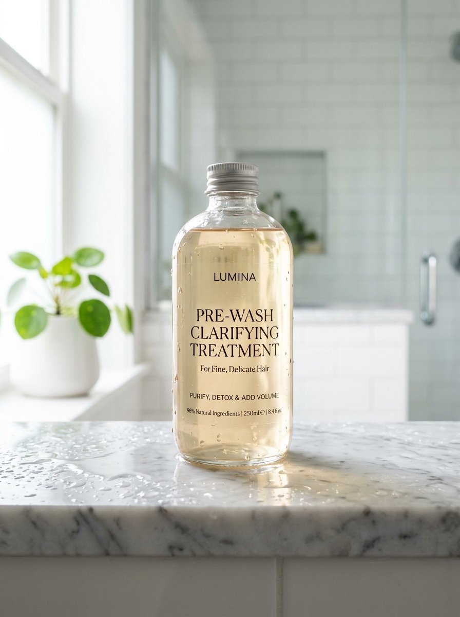 A bottle of Lumina Pre-Wash Clarifying Treatment sitting on a wet marble bathroom vanity surface.