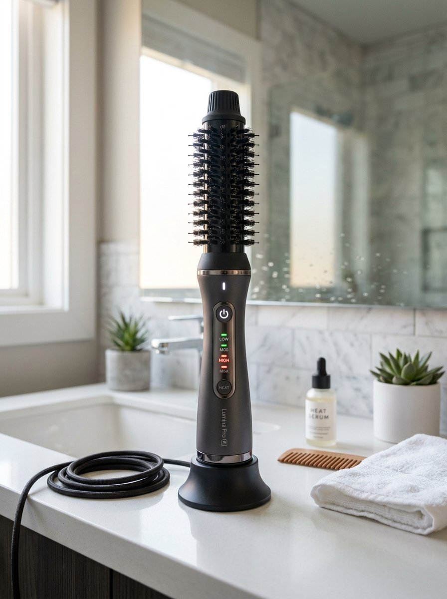 Lumina Pro round hair dryer brush tool with power cord on a bathroom counter with heat serum and towel.