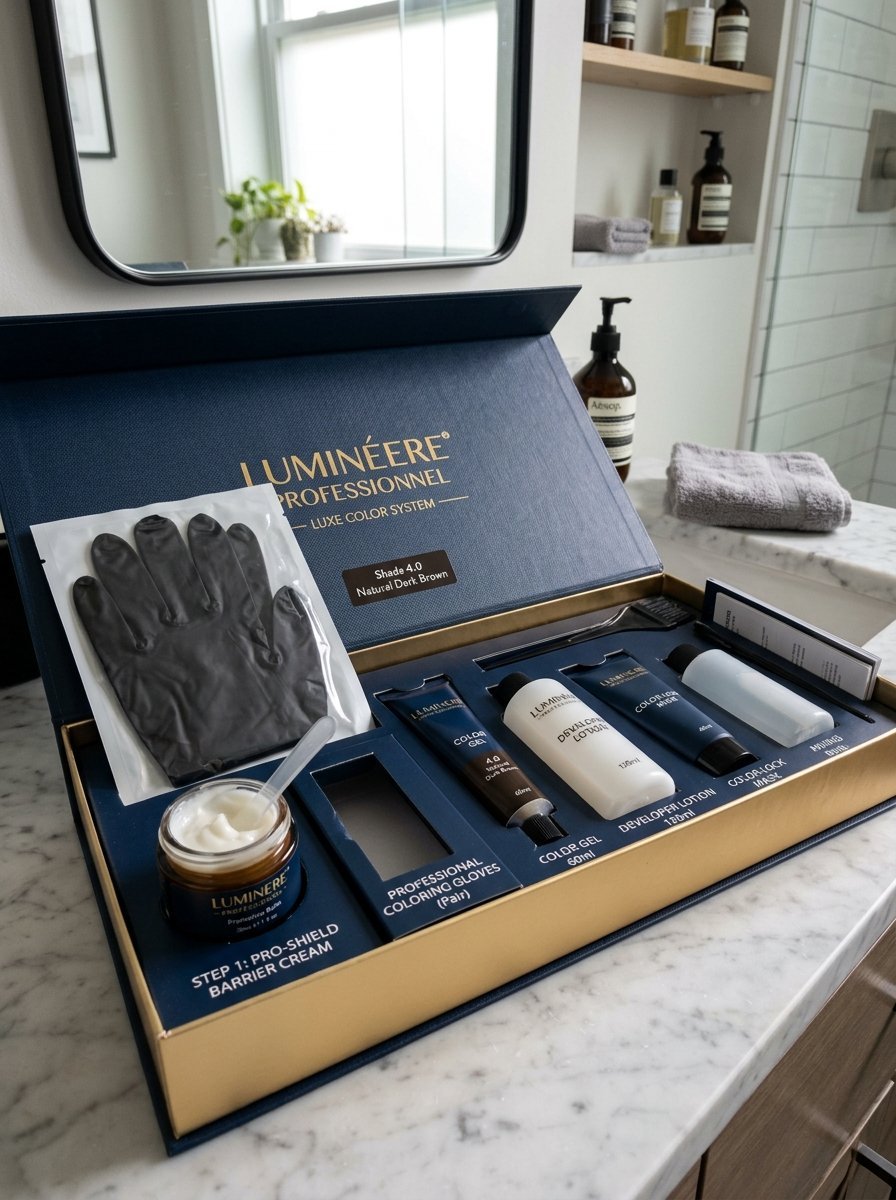 An open dark blue gift box containing hair dyeing supplies like developer, color gel, barrier cream, and black gloves.