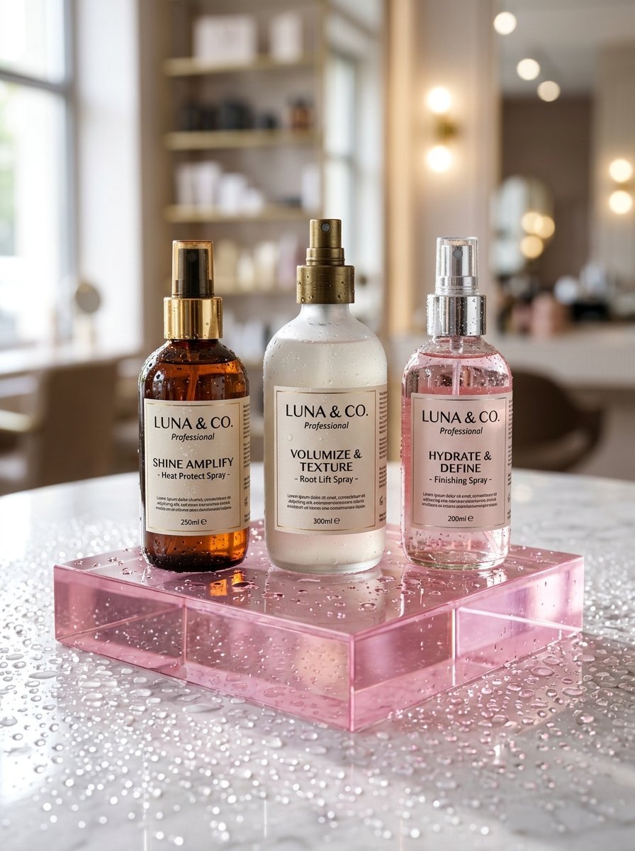 Luna and Co hair spray bottles sitting on a wet pink block in a salon setting.