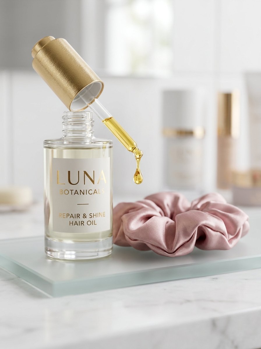 A gold-topped hair oil bottle dripping serum next to a soft pink satin hair scrunchie.