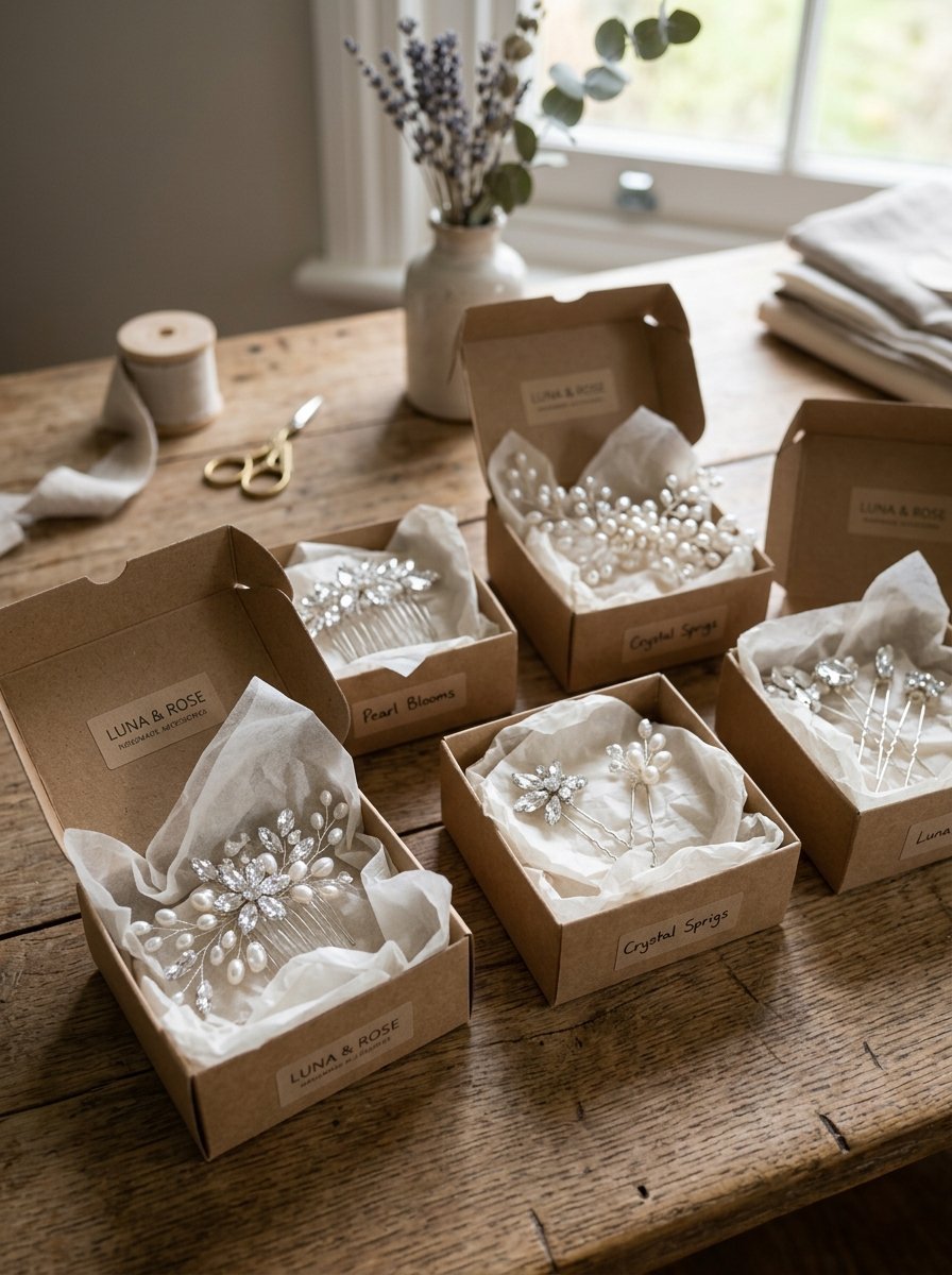Several small cardboard boxes containing pearl and crystal bridal hair combs and pins on a wooden table.