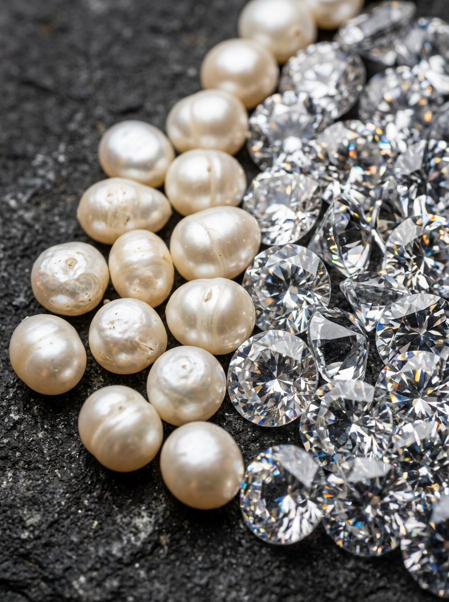 Round white pearls sitting beside a cluster of sparkling, clear faceted diamonds on a dark textured surface.