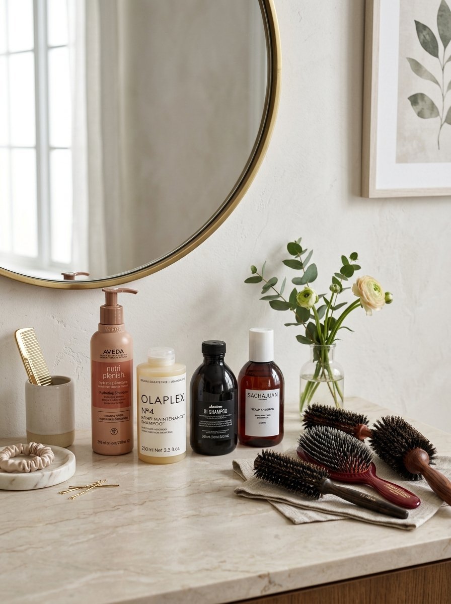 Collection of branded hair care bottles and styling brushes arranged on a marble bathroom countertop.