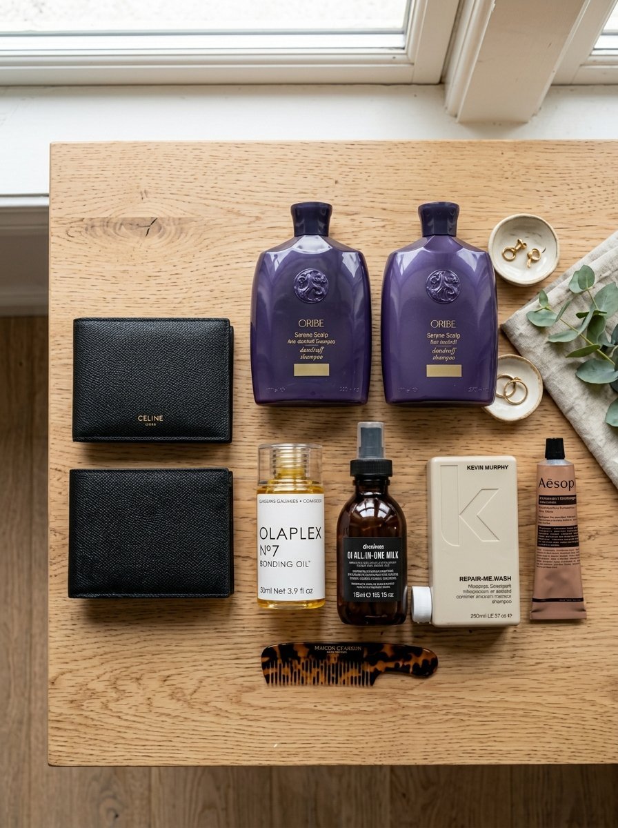 Top-down view of Oribe shampoo, Olaplex oil, Kevin Murphy wash, Aesop tube, tortoiseshell comb, and two Celine wallets.