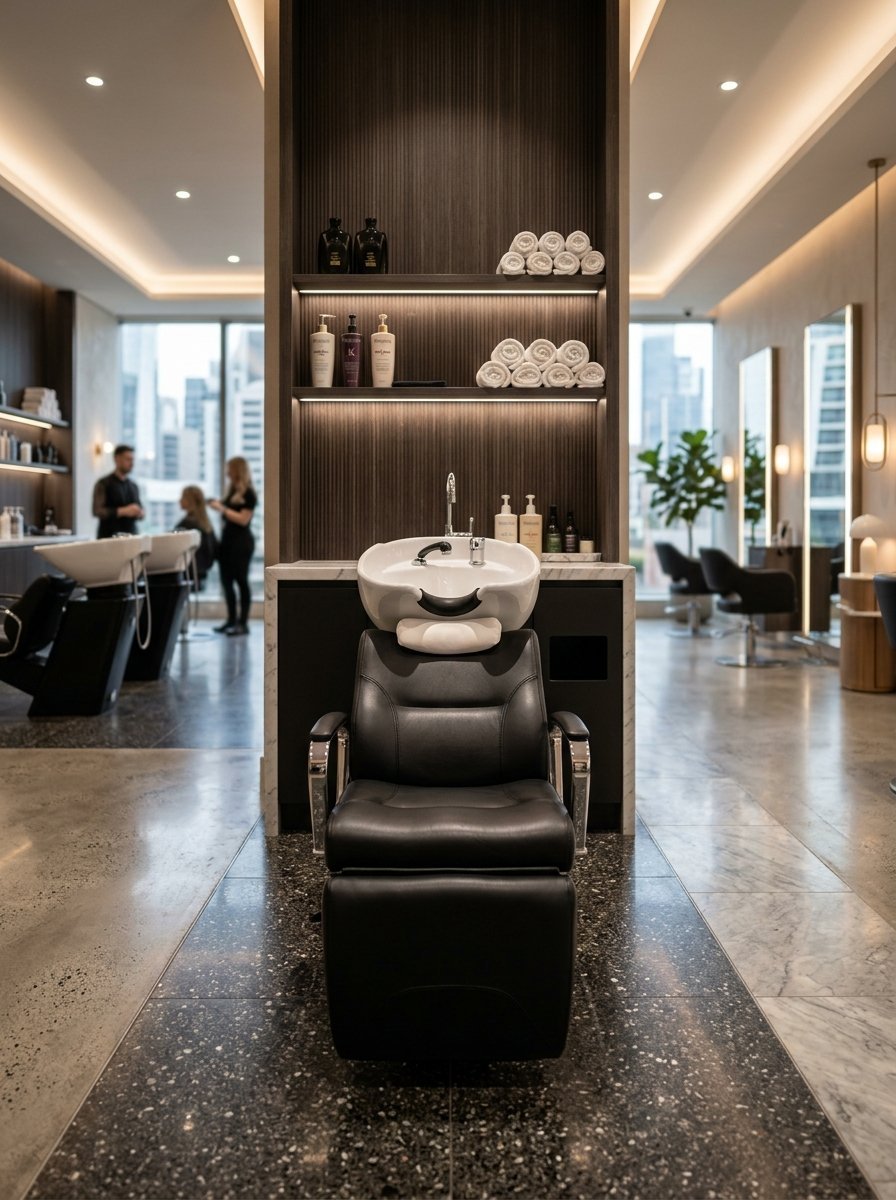 A black leather shampoo chair sits in front of a modern salon station with neatly stacked white towels and products.