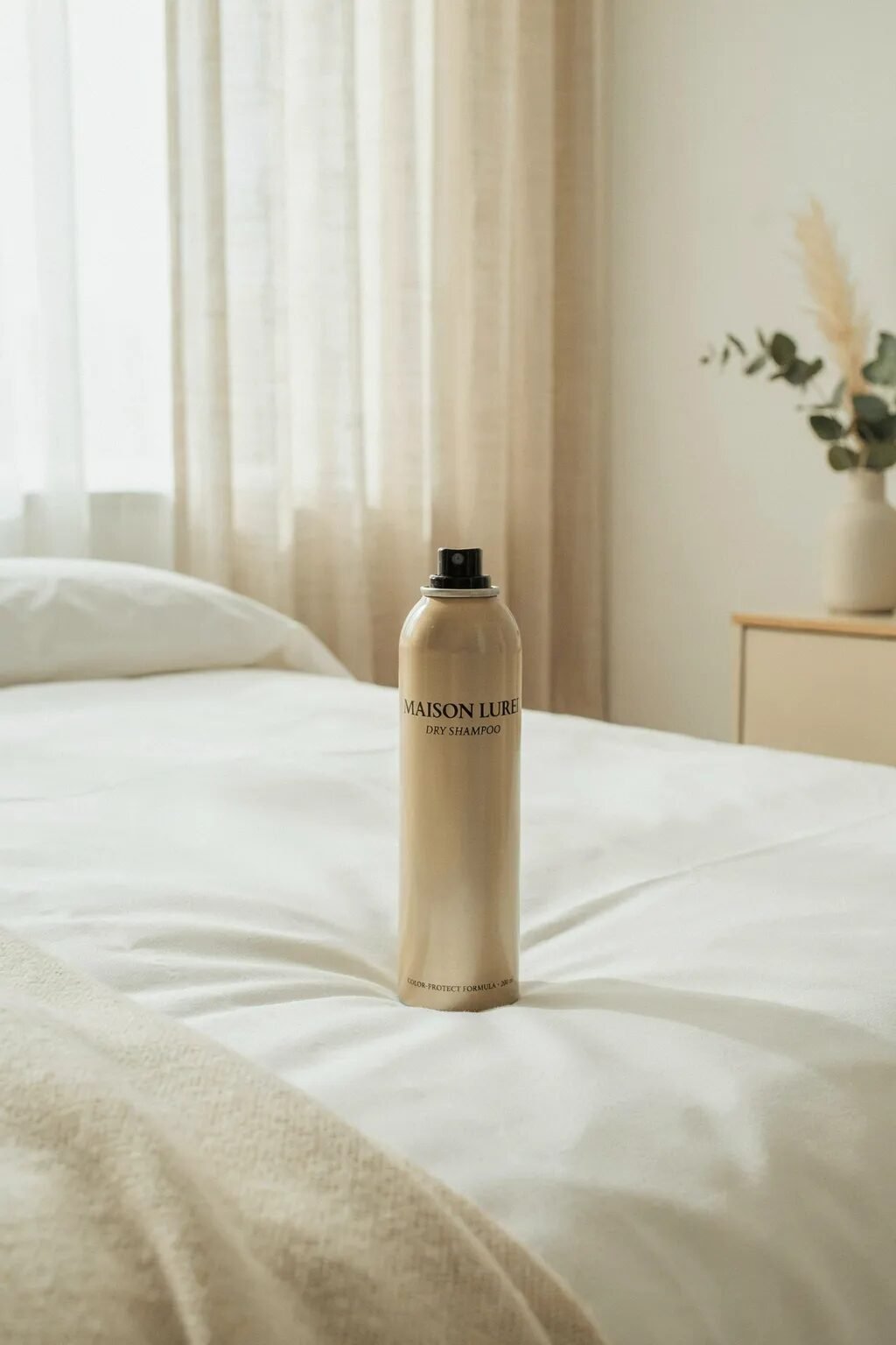 A tan aerosol can of Maison Lure dry shampoo standing upright on a clean white bed in a bright bedroom.