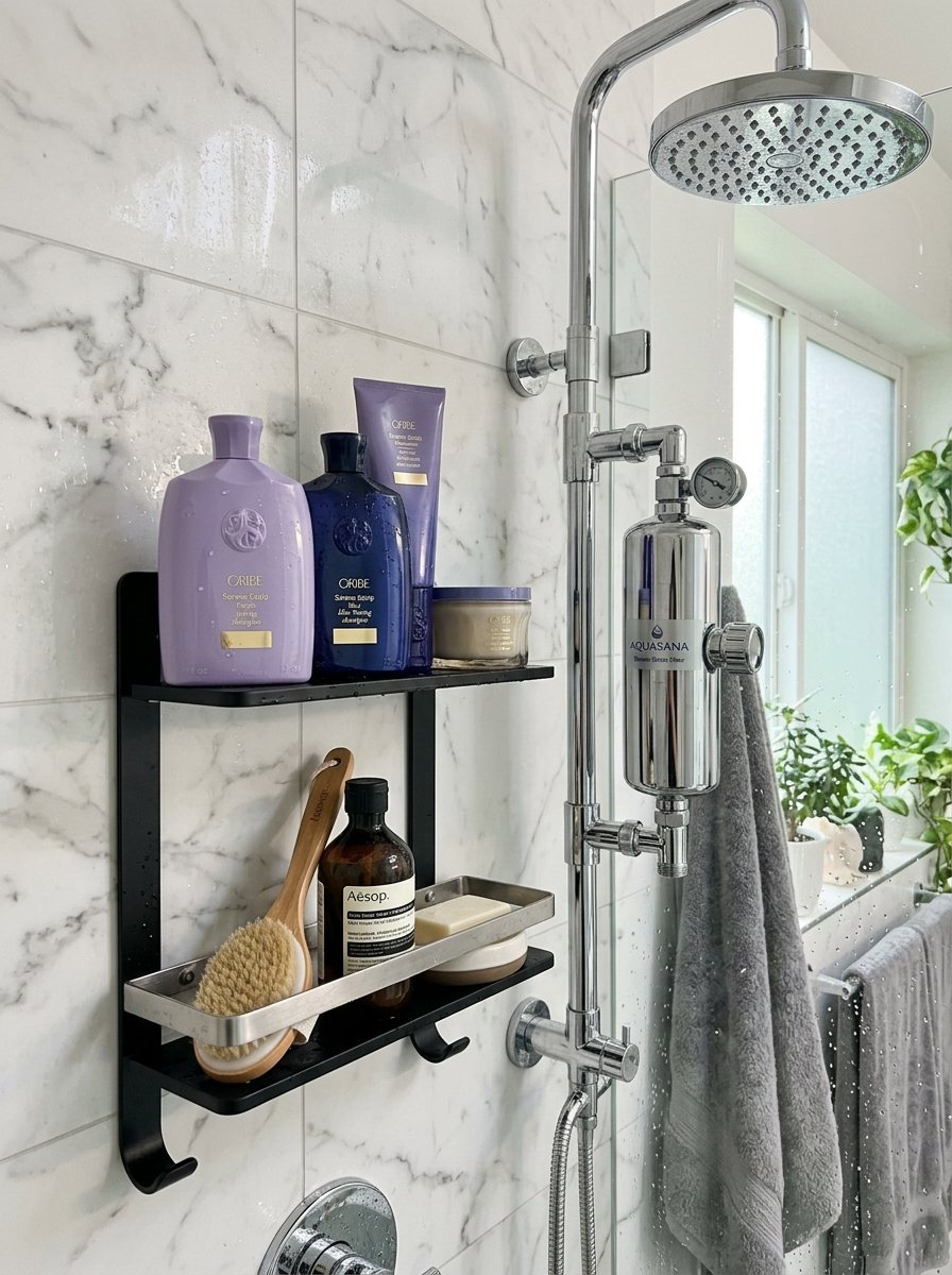 A modern shower with marble tile featuring a black caddy holding Oribe shampoo and an Aquasana water filter system.