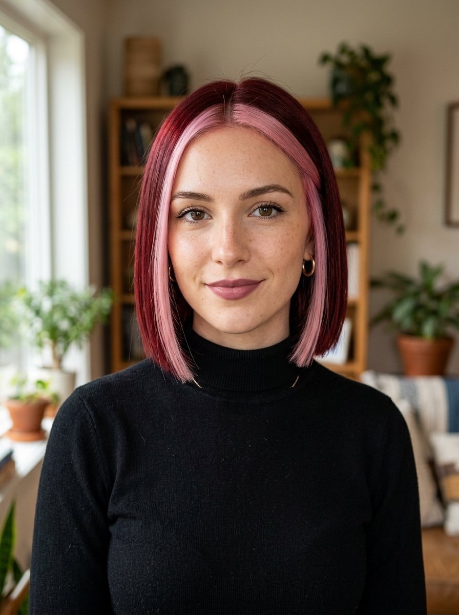 Close up portrait of a woman with a straight maroon bob and face-framing pastel pink highlights.