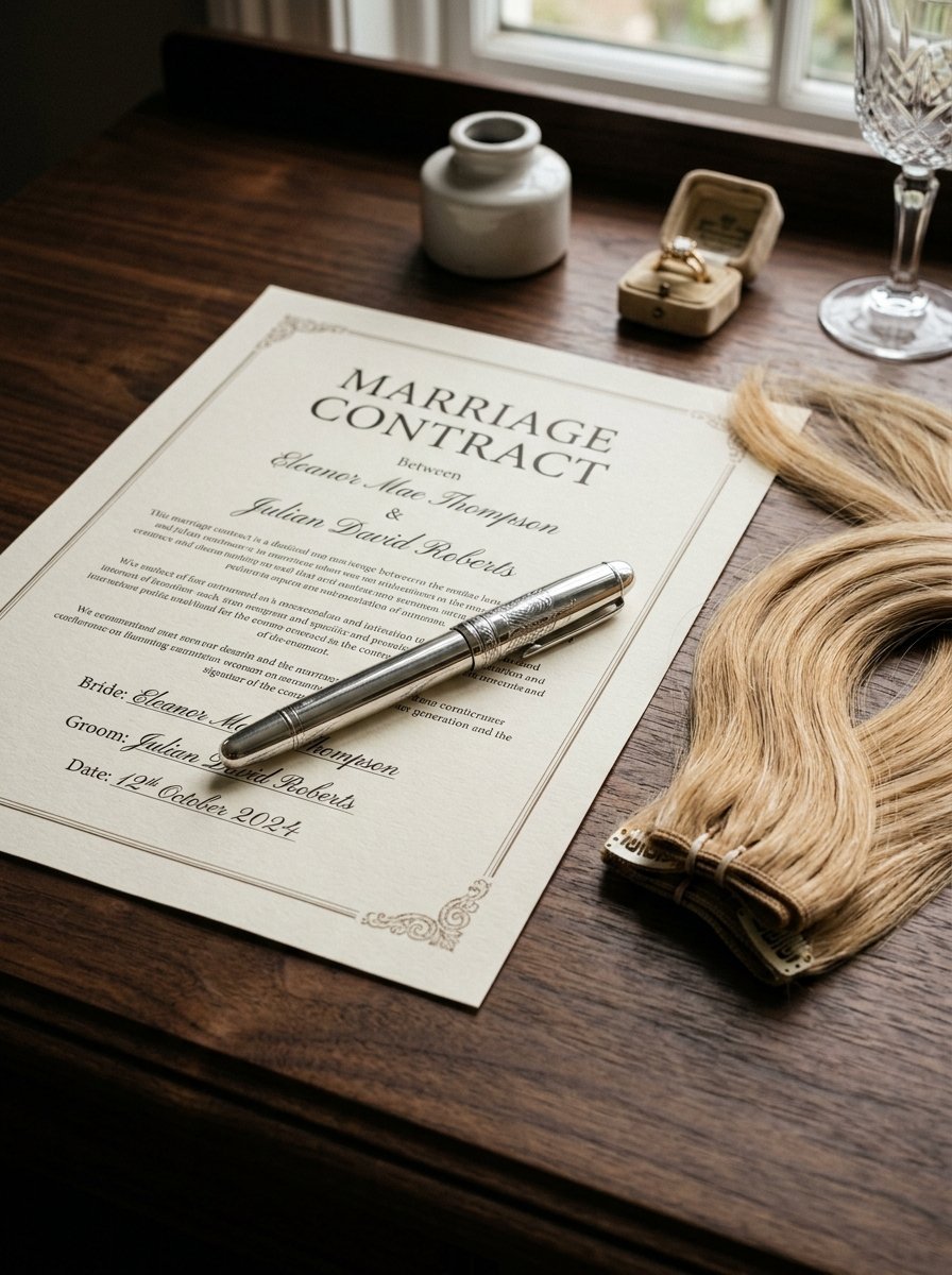 Close-up of a marriage certificate on a wooden table with blonde hair extensions and a silver fountain pen.
