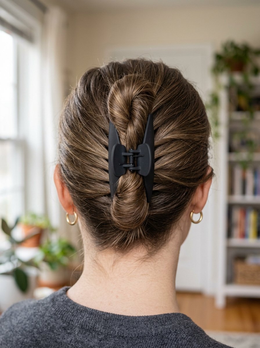 Close up rear view of a woman with brown hair styled in a vertical twist held by a large black hair clip.