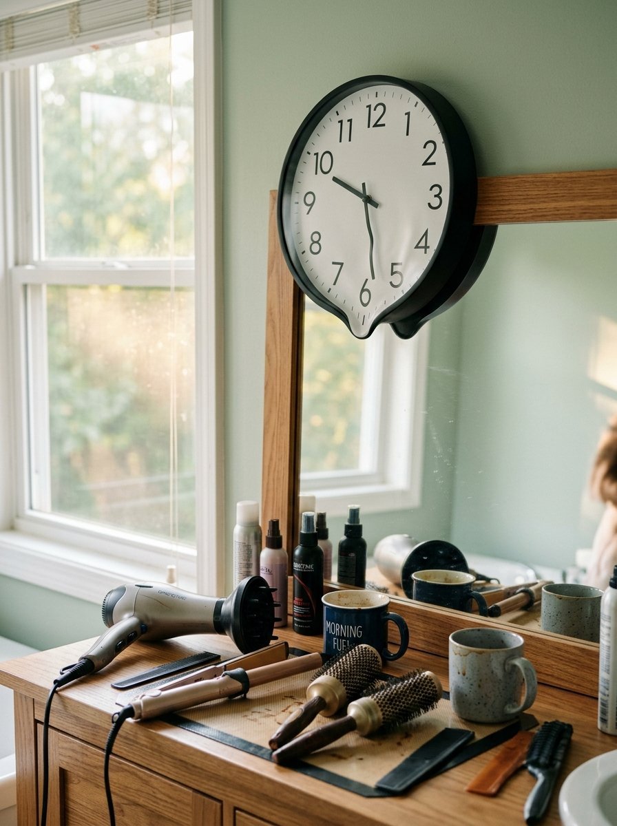 Dripping clock mounted on a sage wall behind a dressing table with hair tools and morning coffee mugs.