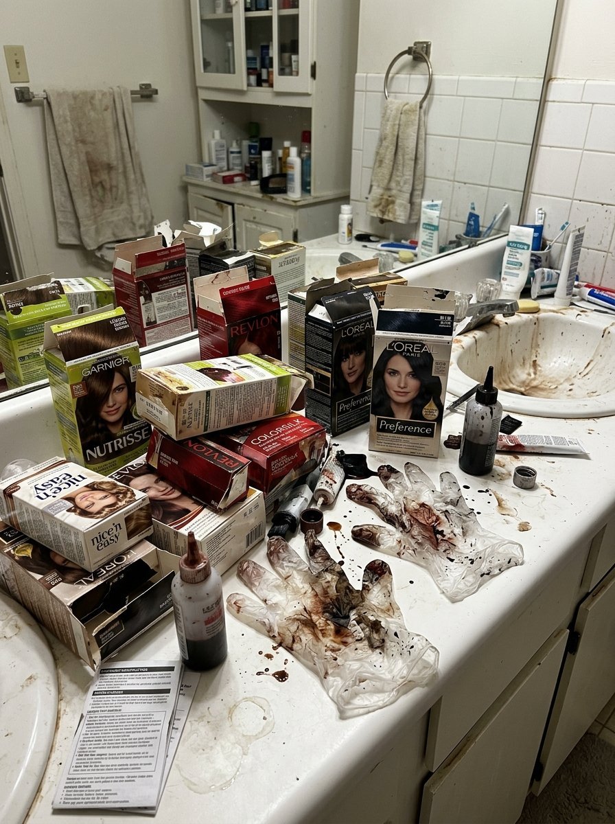 Used plastic gloves and multiple boxes of home hair dye products sitting on a messy bathroom sink counter.