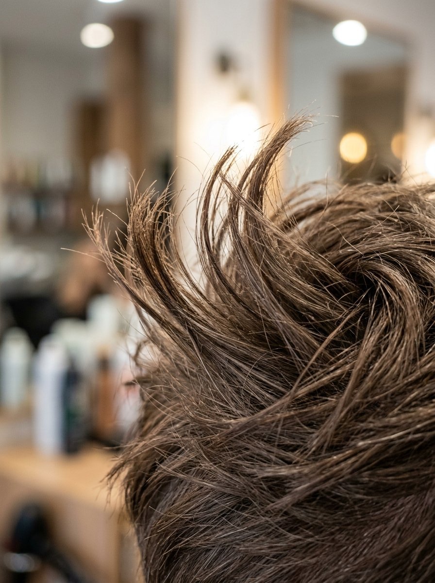 Close-up of textured brown hair with spiky strands in a blurry salon setting.
