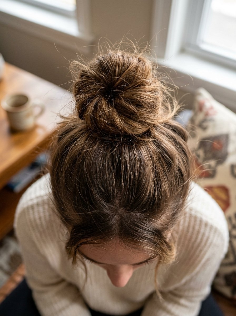 Top-down view of a woman with a loose, casual brown hair bun wearing a white sweater.