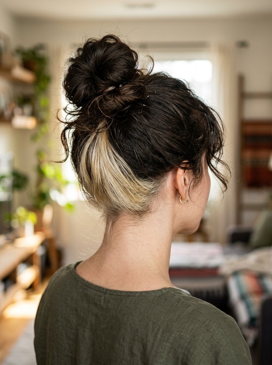 Back view of a person with a dark brown messy bun revealing bright blonde hair underneath at the nape of the neck.