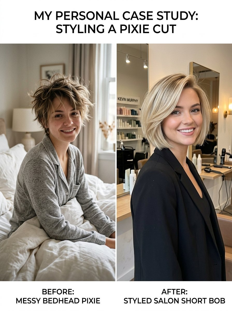 Split screen comparing a tousled morning pixie cut with a professionally styled blonde bob in a salon.