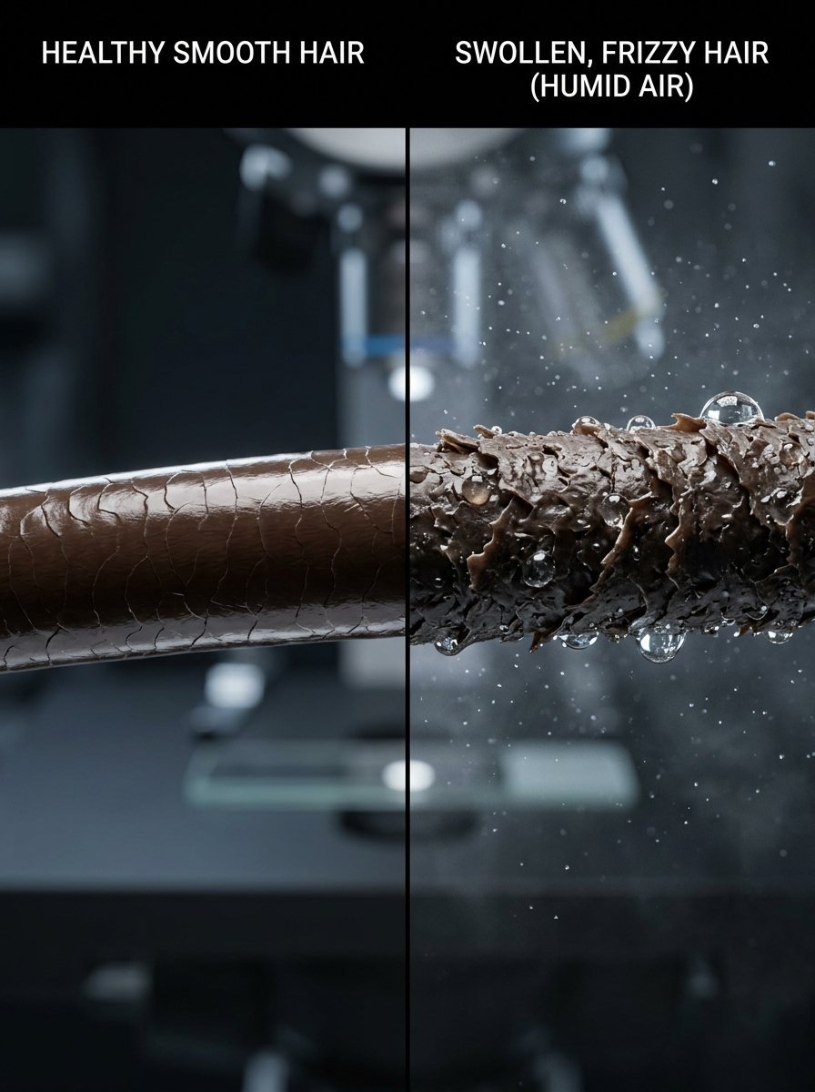 Close-up split screen image showing smooth hair cuticles versus rough hair damaged by humidity with water droplets.