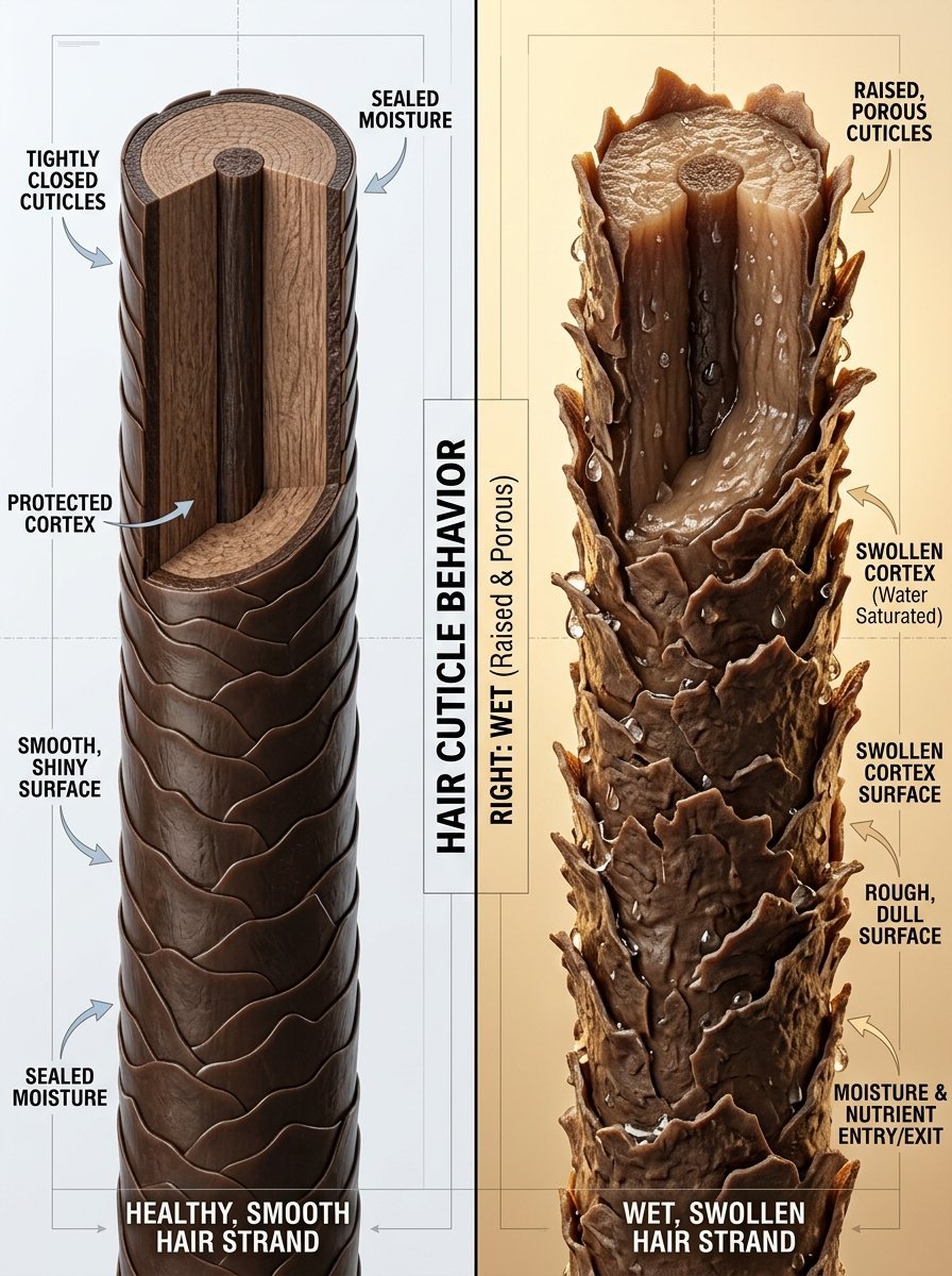 Comparison of a smooth, sealed hair strand next to a swollen, porous wet hair strand with labeled anatomy.