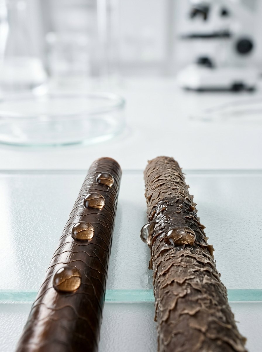 Close up of two hair strands comparing smooth texture to rough, damaged cuticle scales with water droplets.