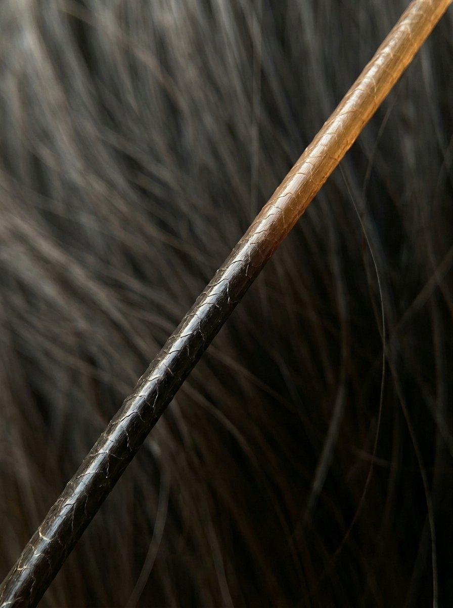 Magnified view of a hair fiber displaying detailed scales against a dark background.