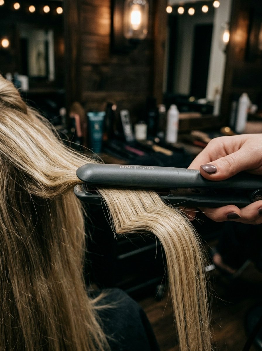 Close-up of a hand using a black mini flat iron to style a section of blonde hair in a salon.