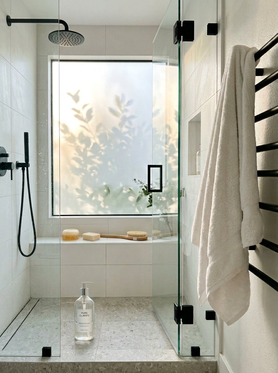 Modern shower stall with a frosted window, black shower head, and white towel hanging on a ladder rack.
