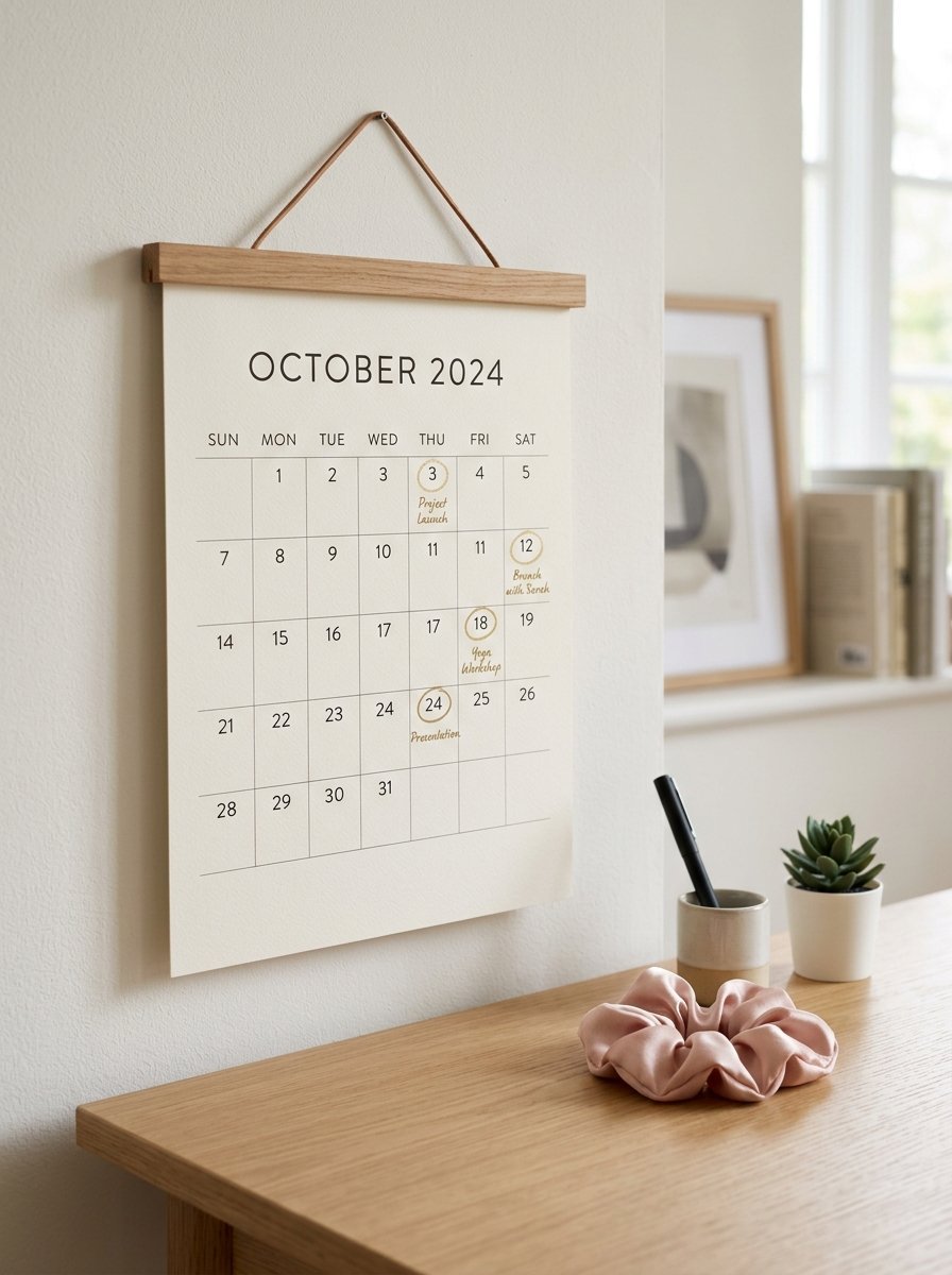 A cream-colored paper wall calendar hanging on a white wall above a wooden desk with office supplies.