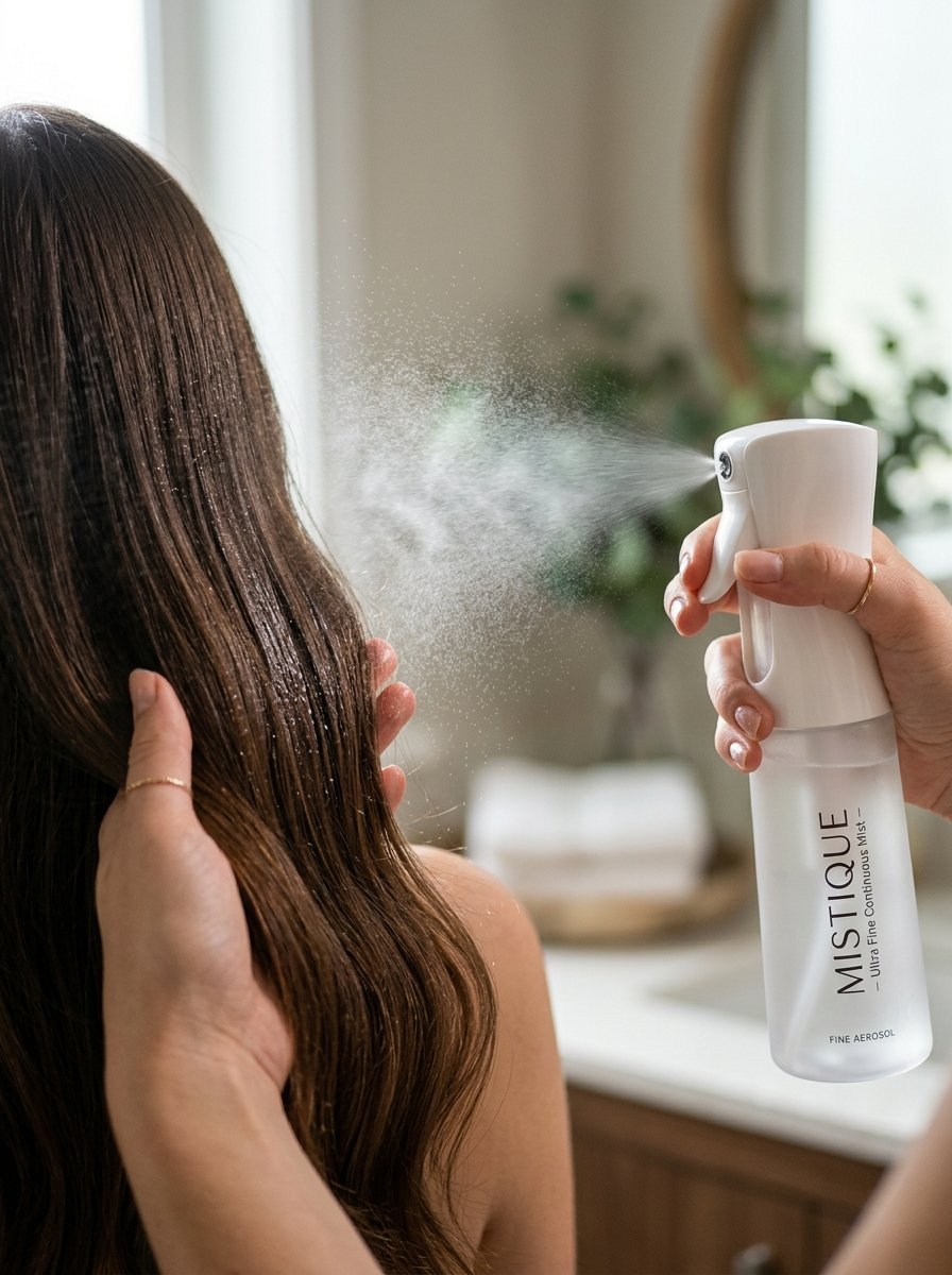 Close-up of a person holding a Mistique spray bottle, misting water onto long wavy brown hair.