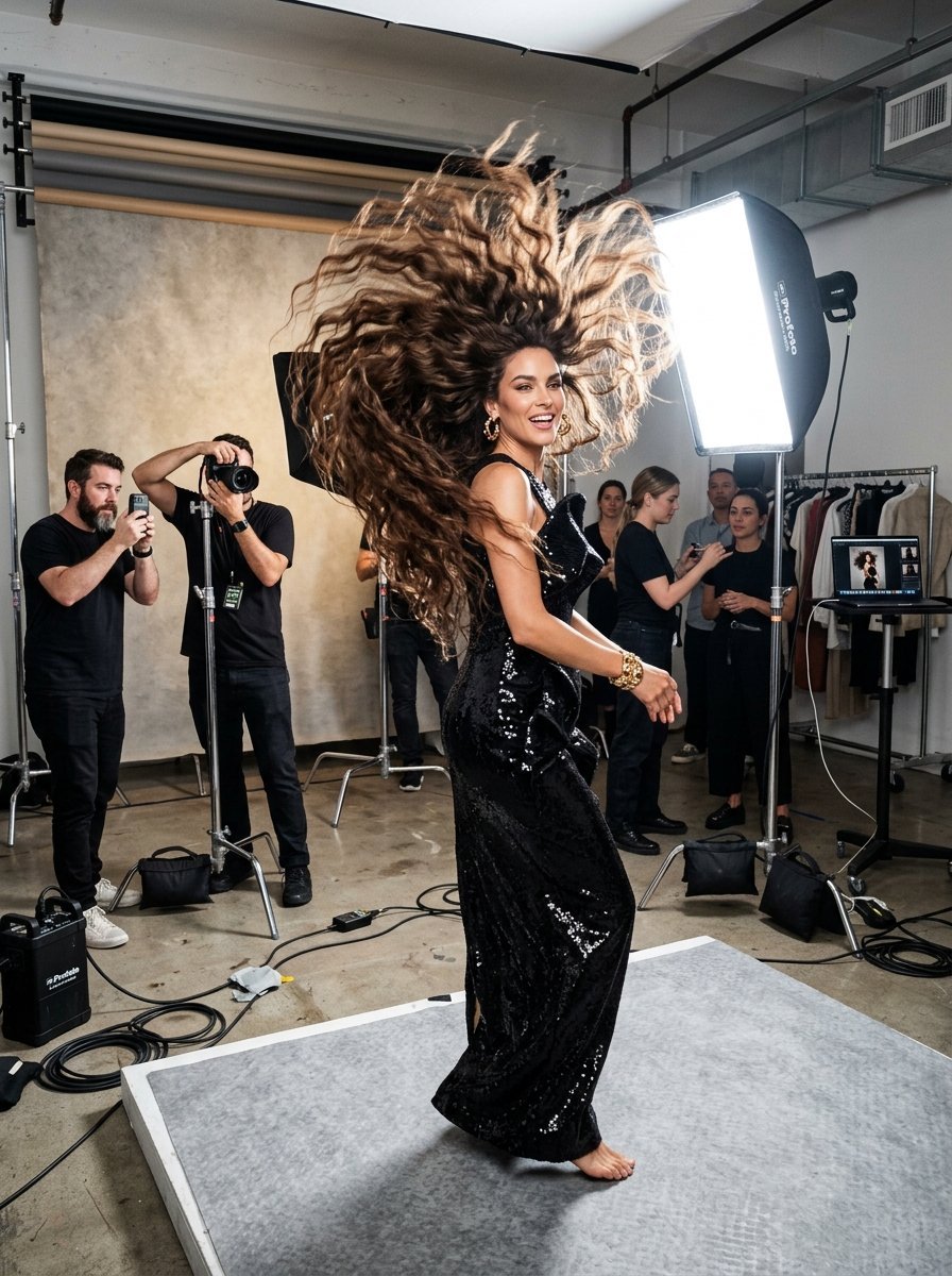 A smiling model in a sparkling black dress with long hair flying in the air during a professional photography session.